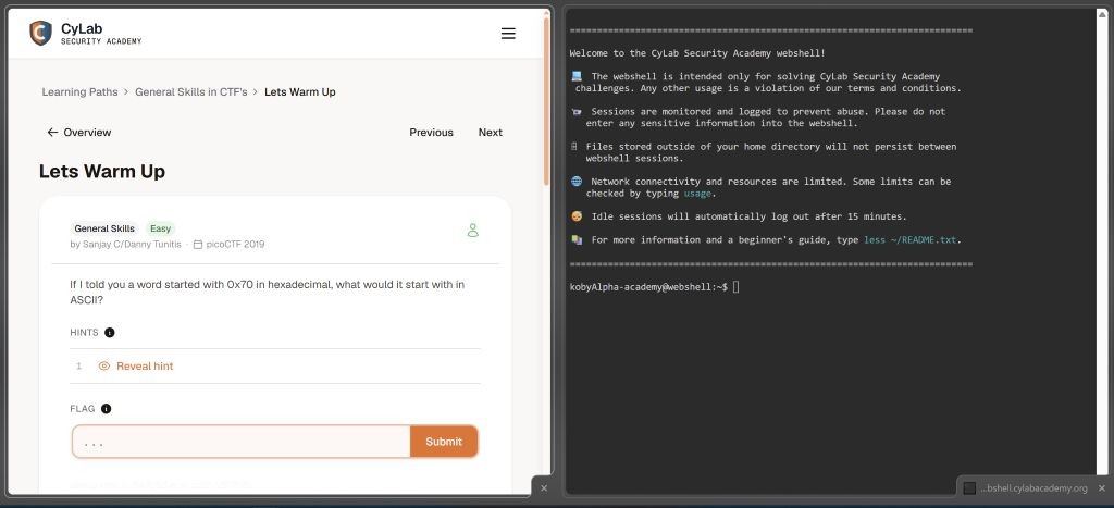 Screenshot of the Cylab webshell and the Cylab website side by side.