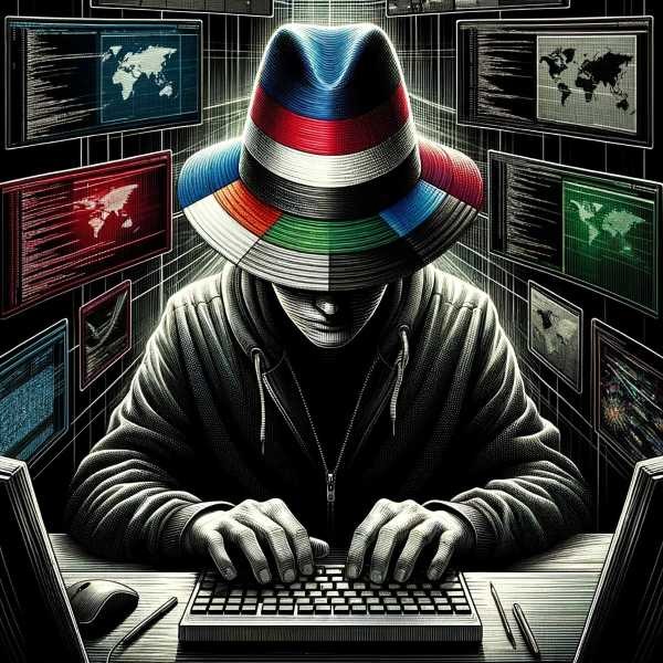 A hacker wearing a hat with different colours, representing the different types of hackers that exist.